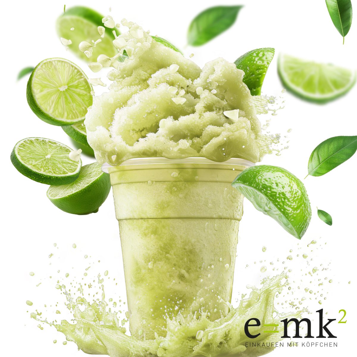 Becher mit hellgrünem Sirup und Limetten